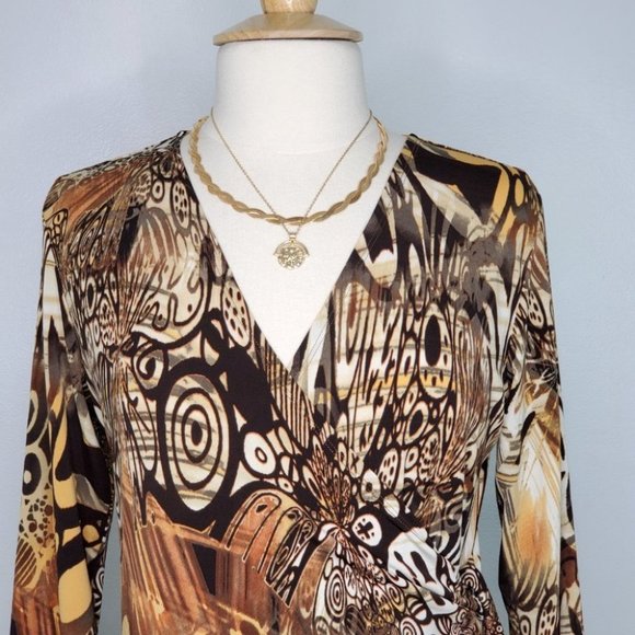 Women With Control Brown Orange Fall Colors Tunic Surplice Faux Wrap Top Size MP - Picture 2 of 15